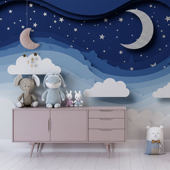 Barntapet | Stjärnhimmel med moln och silvermåne