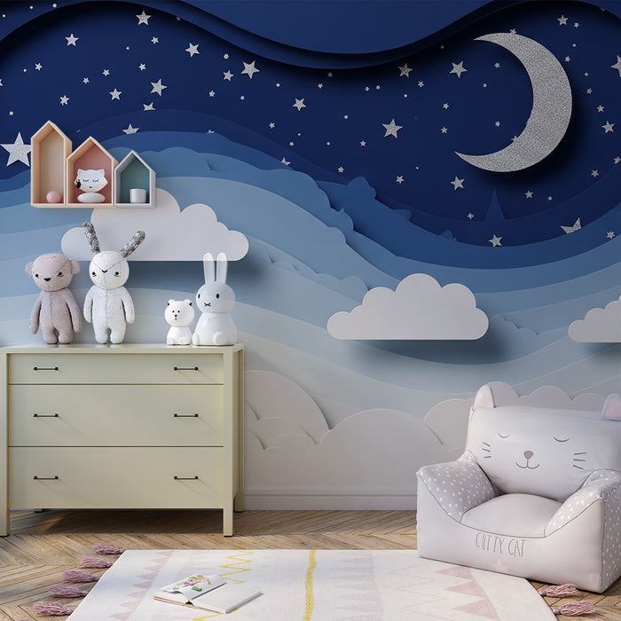 Barntapet | Stjärnhimmel med moln och silvermåne