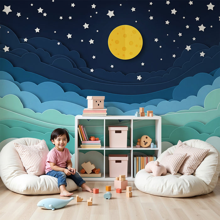 Barntapet | Stjärnhimmel med moln och gyllene måne