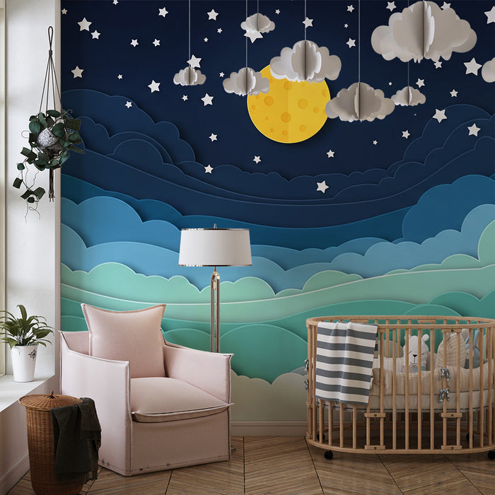 Barntapet | Stjärnhimmel med moln och gyllene måne