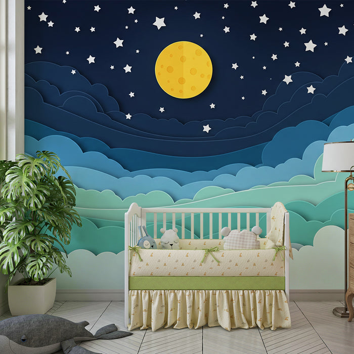 Barntapet | Stjärnhimmel med moln och gyllene måne