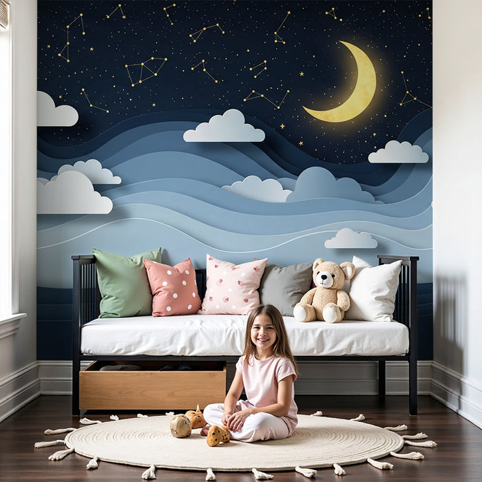 Barntapet | Stjärnhimmel med moln och gyllene måne i 3D-stil