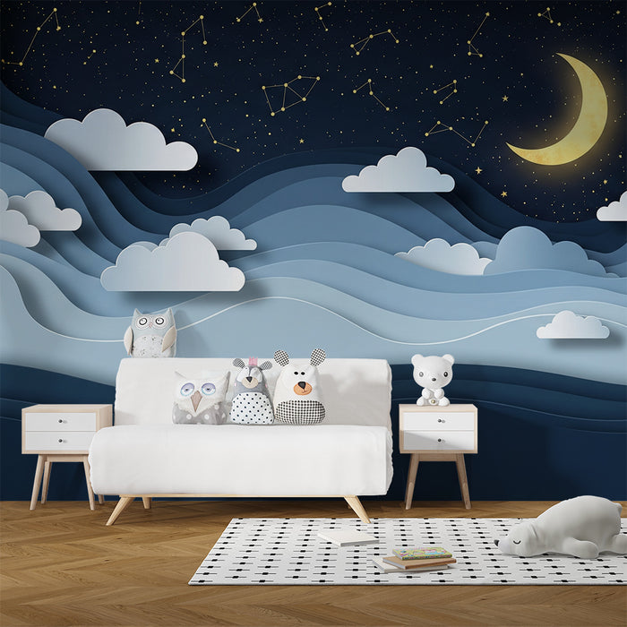 Barntapet | Stjärnhimmel med moln och gyllene måne i 3D-stil