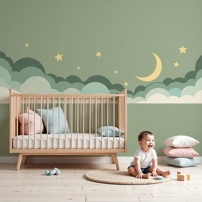 Nursery room wallpaper | Starry sky with clouds and gentle moon