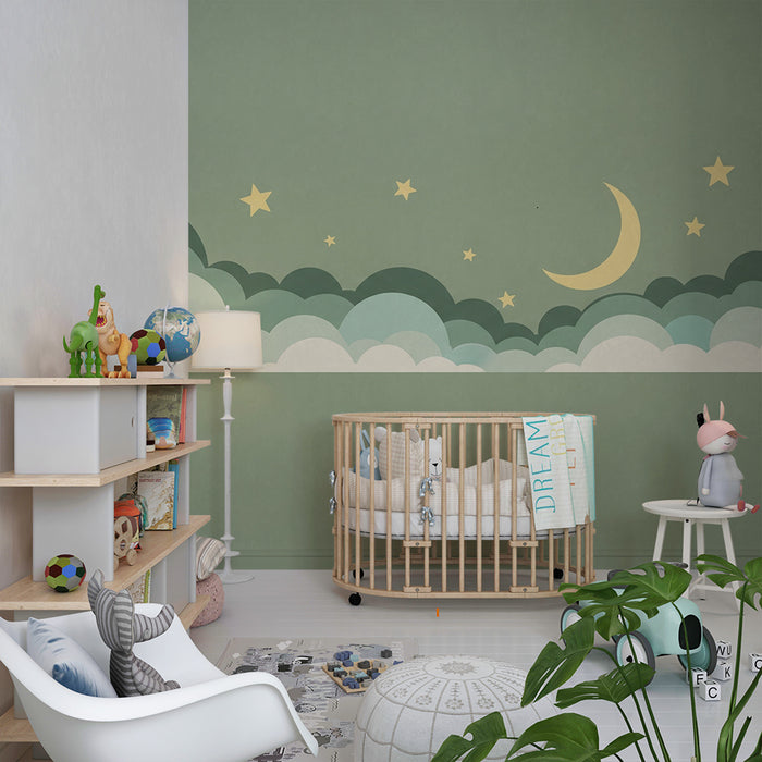 Nursery room wallpaper | Starry sky with clouds and gentle moon