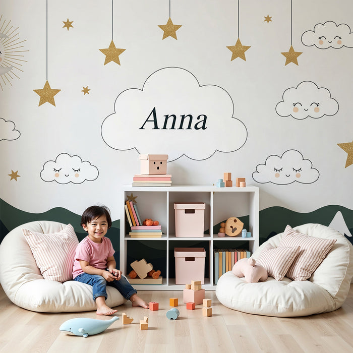 Papel de parede quarto bebê | Céu estrelado com nuvens e montanhas tranquilizantes