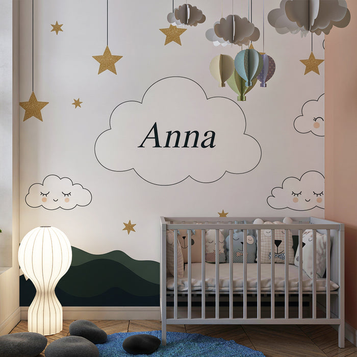 Papel de parede quarto bebê | Céu estrelado com nuvens e montanhas tranquilizantes