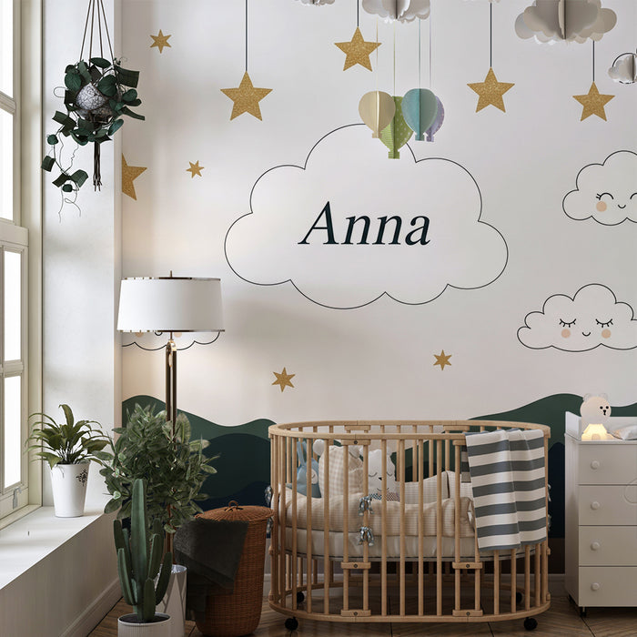 Papel de parede quarto bebê | Céu estrelado com nuvens e montanhas tranquilizantes