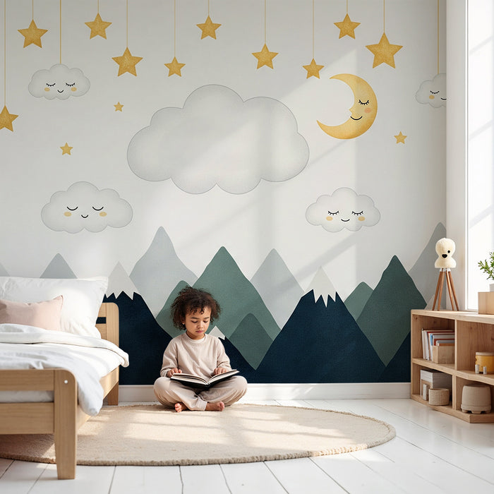 Papel de parede para quarto de bebé | Céu estrelado com nuvens e montanhas suaves
