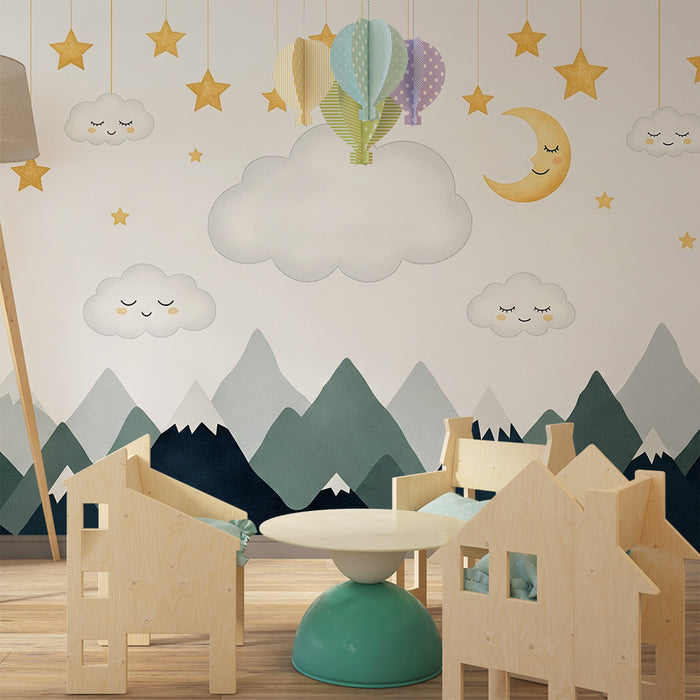 Papel de parede para quarto de bebé | Céu estrelado com nuvens e montanhas suaves