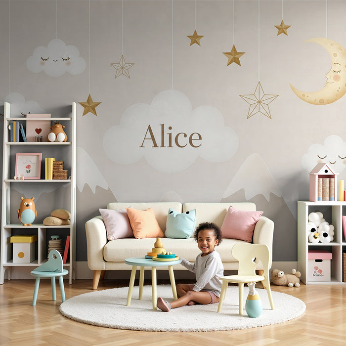 Papel de parede quarto bebê | Céu estrelado com nuvens e montanhas suaves