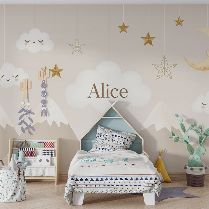 Papel de parede quarto bebê | Céu estrelado com nuvens e montanhas suaves