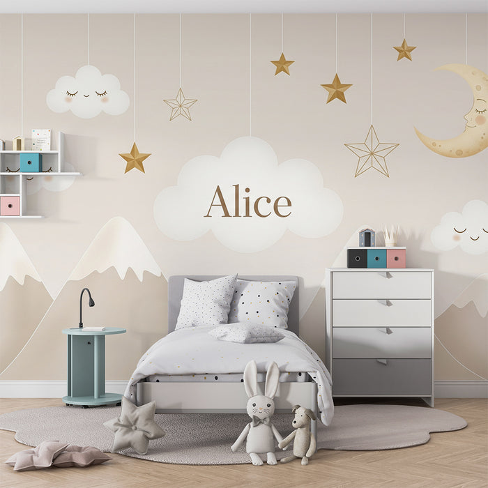 Papel de parede quarto bebê | Céu estrelado com nuvens e montanhas suaves