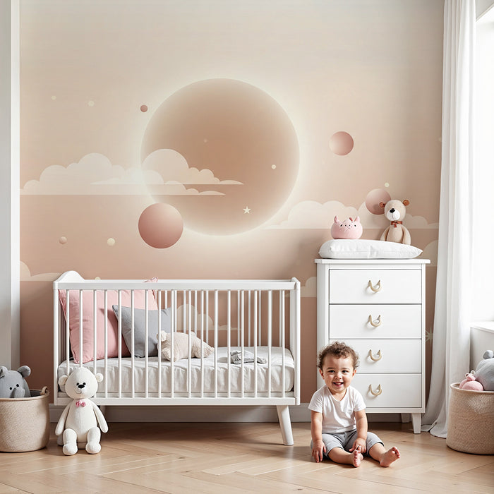 Papier peint chambre bébé | Ciel étoilé avec nuages et planètes douces