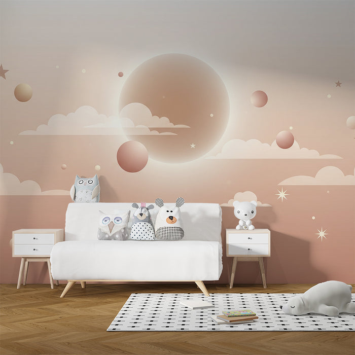 Papier peint chambre bébé | Ciel étoilé avec nuages et planètes douces