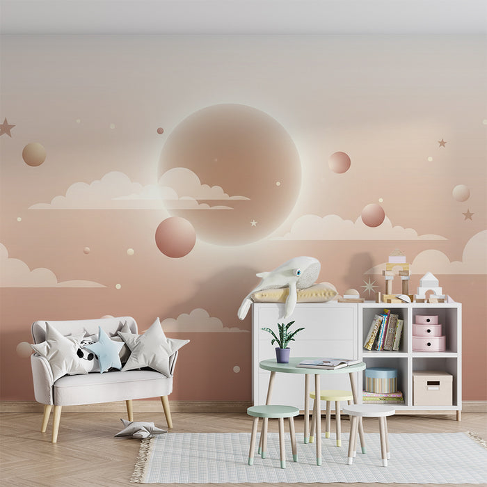 Papier peint chambre bébé | Ciel étoilé avec nuages et planètes douces