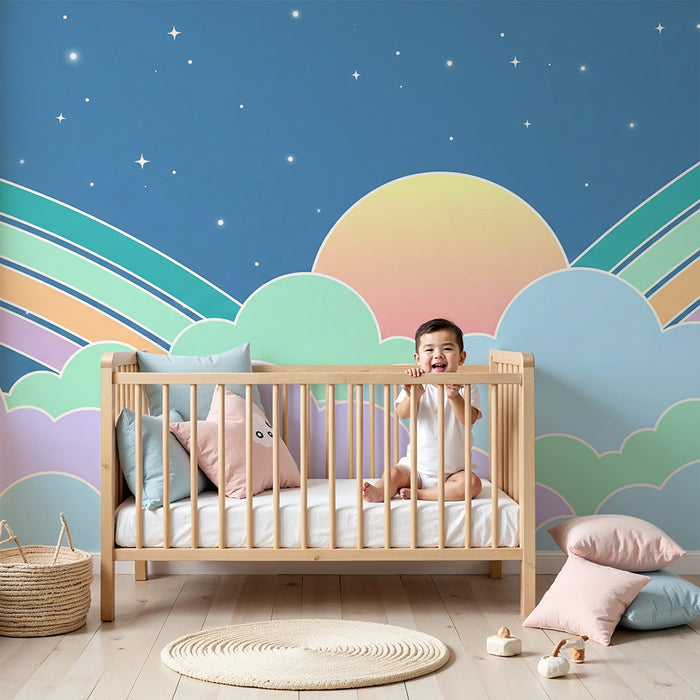 Papel pintado para habitación infantil | Cielo estrellado con nubes pastel y arcoíris de colores