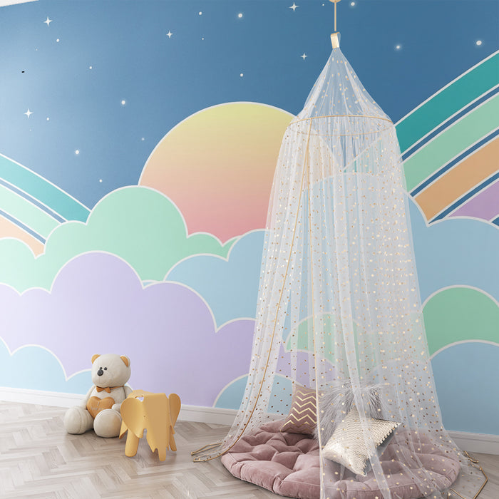 Papel pintado para habitación infantil | Cielo estrellado con nubes pastel y arcoíris de colores