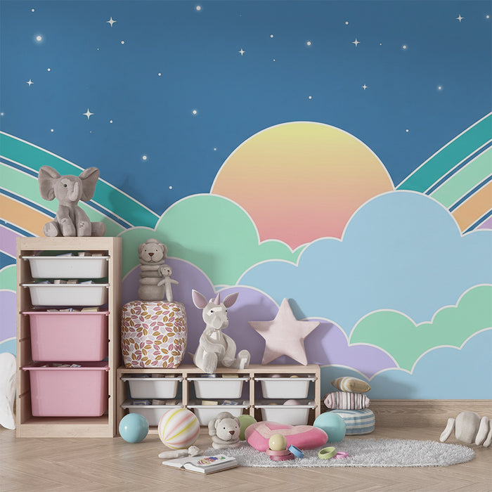 Papel pintado para habitación infantil | Cielo estrellado con nubes pastel y arcoíris de colores