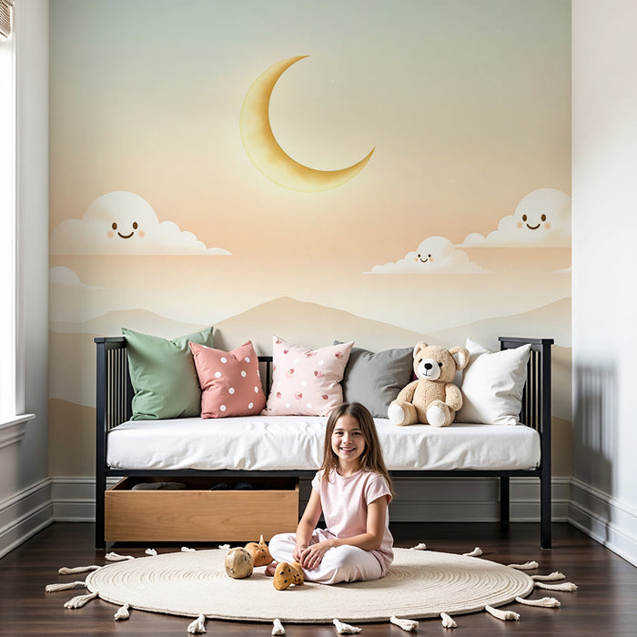 Barntapet | Stjärnhimmel med leende moln och guldmåne