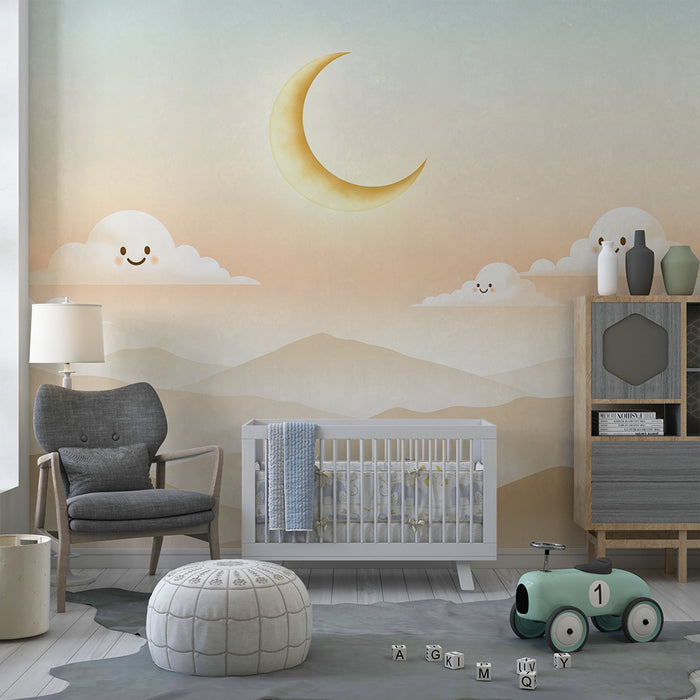 Barntapet | Stjärnhimmel med leende moln och guldmåne