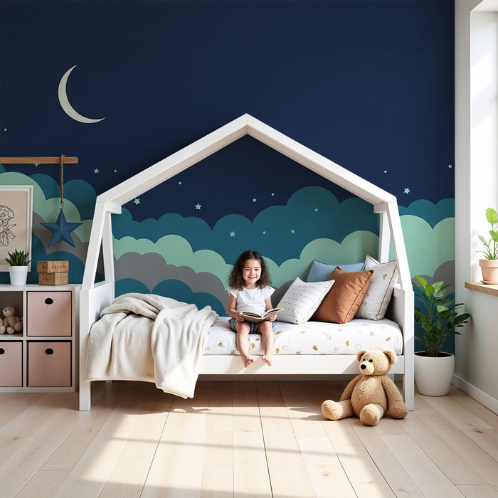 Χαρτί τοίχου βρεφικού δωματίου | Αστέρια με σύννεφα σε όλες τις αποχρώσεις και φεγγάρι