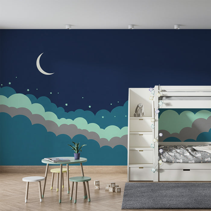 Χαρτί τοίχου βρεφικού δωματίου | Αστέρια με σύννεφα σε όλες τις αποχρώσεις και φεγγάρι