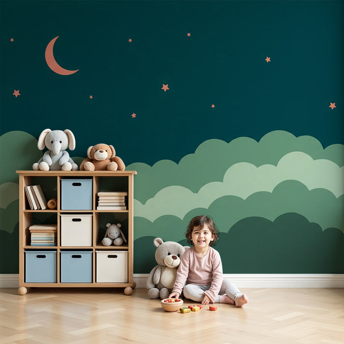 Papel de parede quarto bebê | Céu estrelado com nuvens verdes e lua