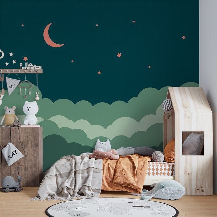 Papel de parede quarto bebê | Céu estrelado com nuvens verdes e lua