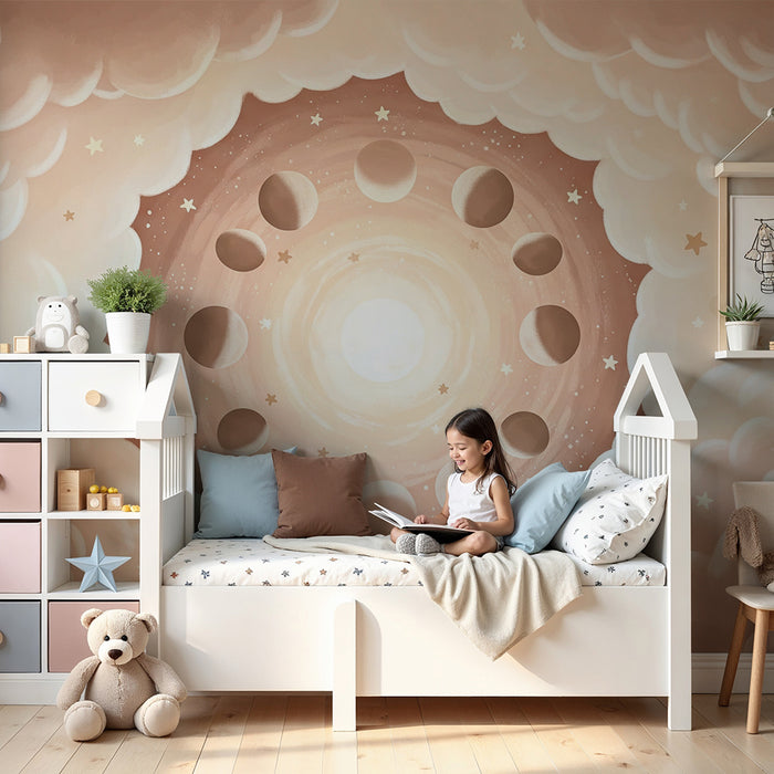 Papier peint chambre bébé | Ciel étoilé avec phases de la lune et nuages doux