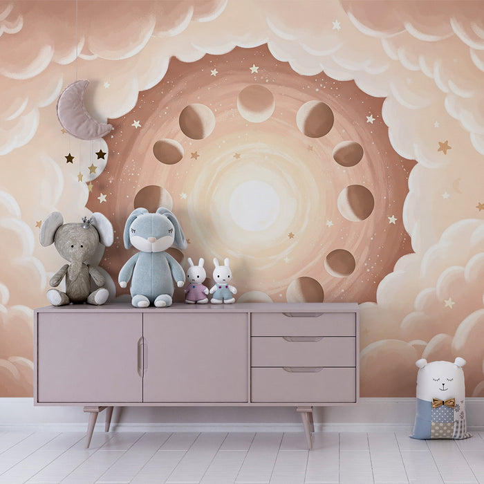 Papier peint chambre bébé | Ciel étoilé avec phases de la lune et nuages doux