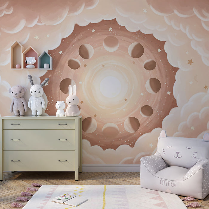 Papier peint chambre bébé | Ciel étoilé avec phases de la lune et nuages doux