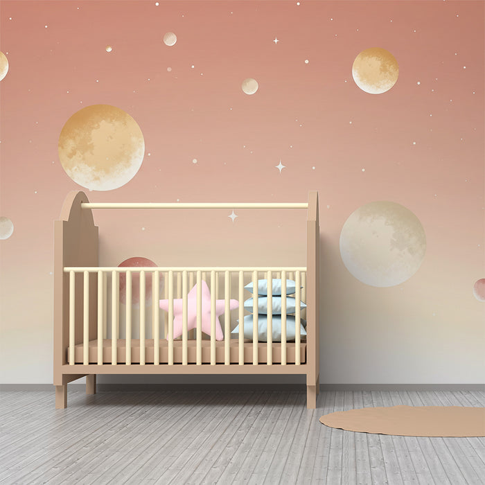 Papel de parede para quarto de bebé | Céu estrelado com planetas suaves e pastel