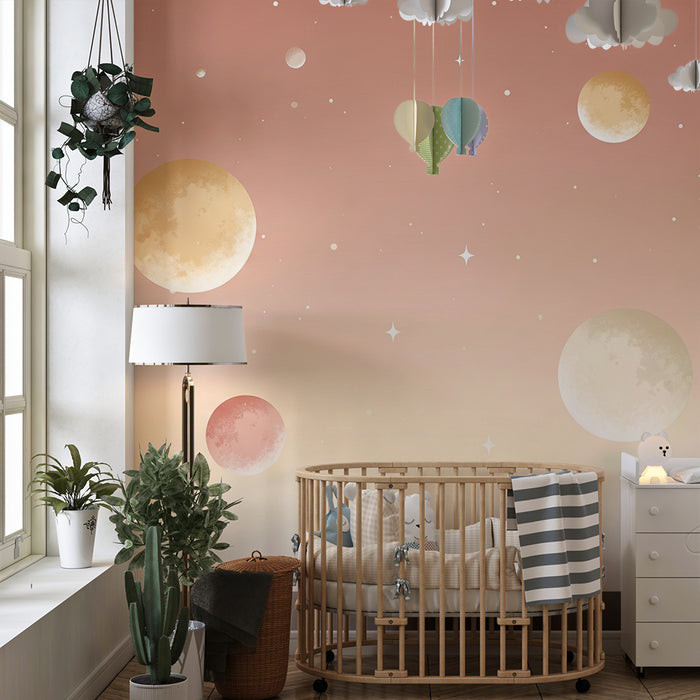 Papel de parede para quarto de bebé | Céu estrelado com planetas suaves e pastel