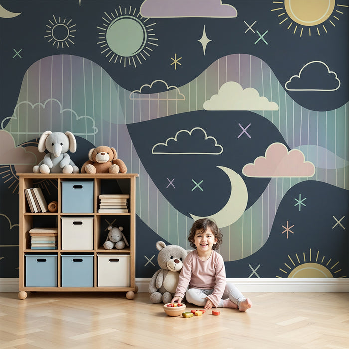 Papel de parede para quarto de bebé | Céu estrelado com sóis e luas pastel