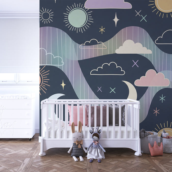 Papel de parede para quarto de bebé | Céu estrelado com sóis e luas pastel