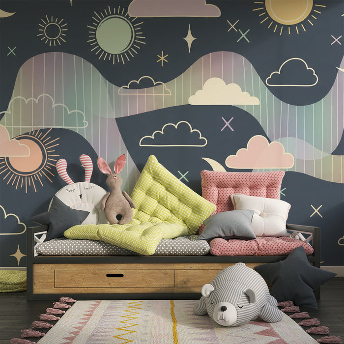 Papel de parede para quarto de bebé | Céu estrelado com sóis e luas pastel