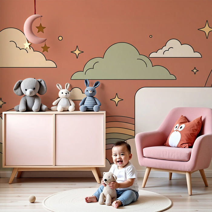 Babyzimmer Tapete | Sternenhimmel und pastellfarbene Regenbogen