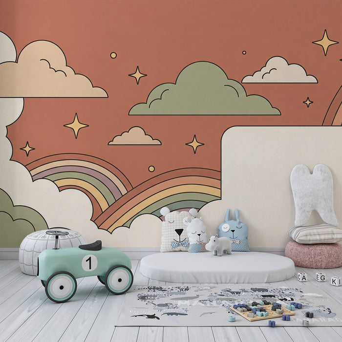Babyzimmer Tapete | Sternenhimmel und pastellfarbene Regenbogen