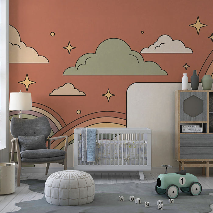 Babyzimmer Tapete | Sternenhimmel und pastellfarbene Regenbogen
