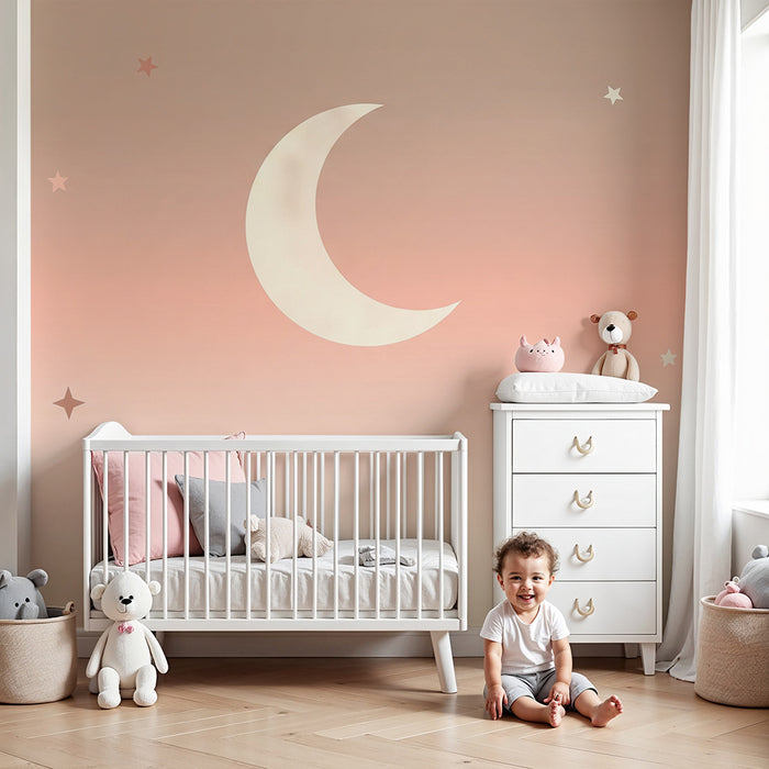 Papier peint chambre bébé | Ciel étoilé et lune douce sur fond pastel