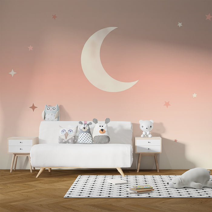 Papier peint chambre bébé | Ciel étoilé et lune douce sur fond pastel