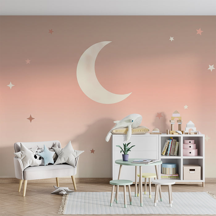 Papier peint chambre bébé | Ciel étoilé et lune douce sur fond pastel