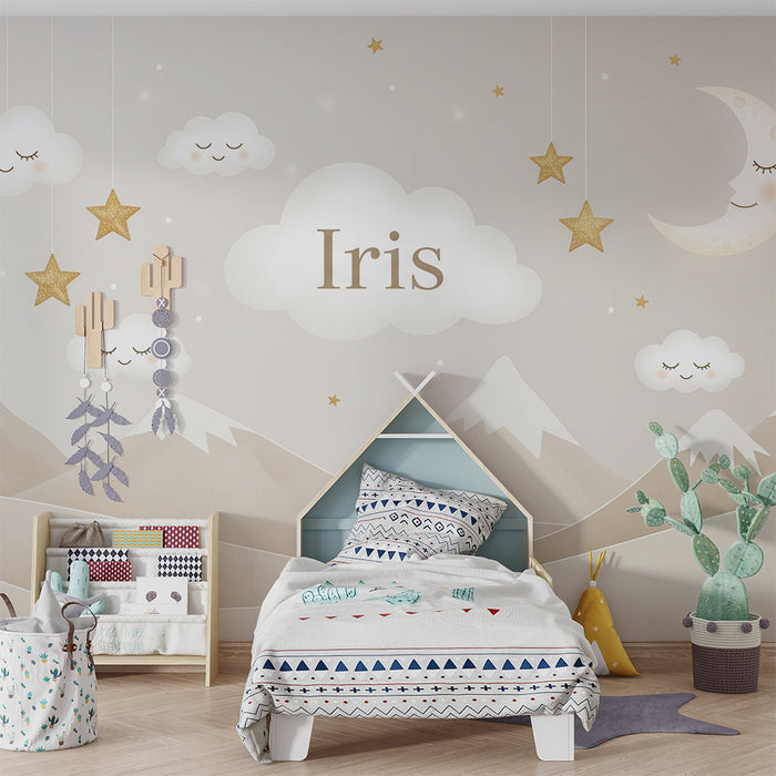 Tapet barnerom | Stjerneklar himmel og beige fjell med Iris-skyer