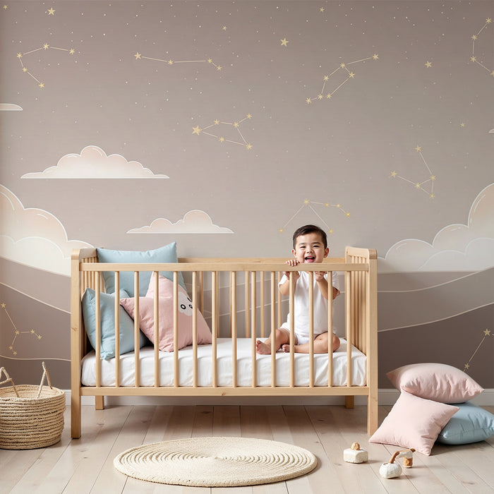 Børneværelse tapet | Stjernehimmel og bløde skyer