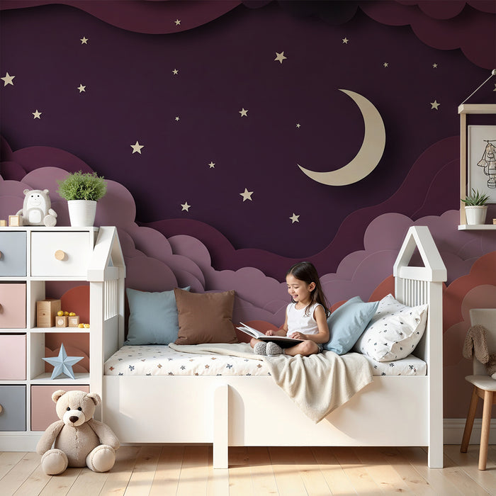 Papier peint chambre bébé | Ciel étoilé et nuages doux dans des teintes pastel