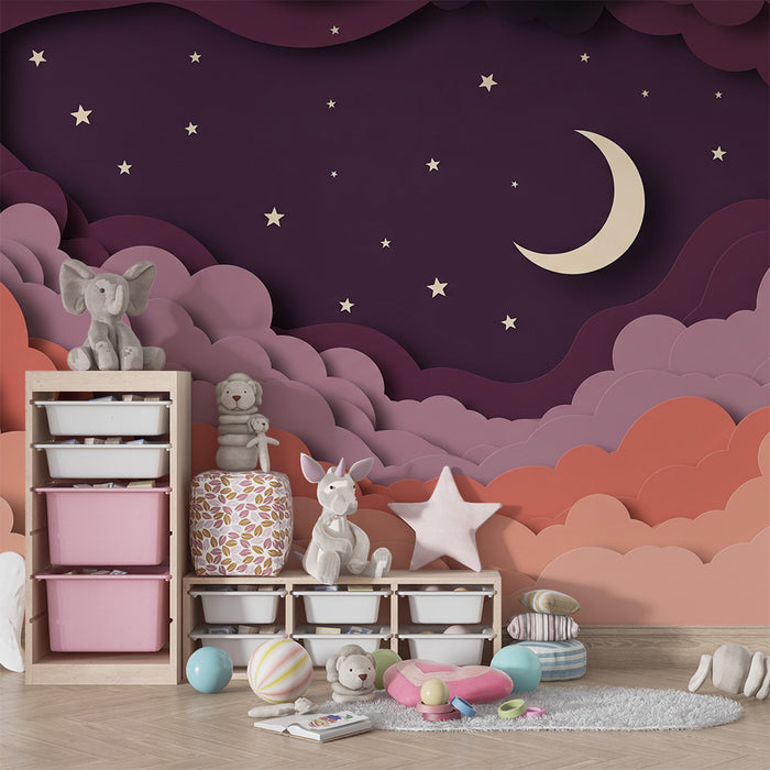 Papier peint chambre bébé | Ciel étoilé et nuages doux dans des teintes pastel