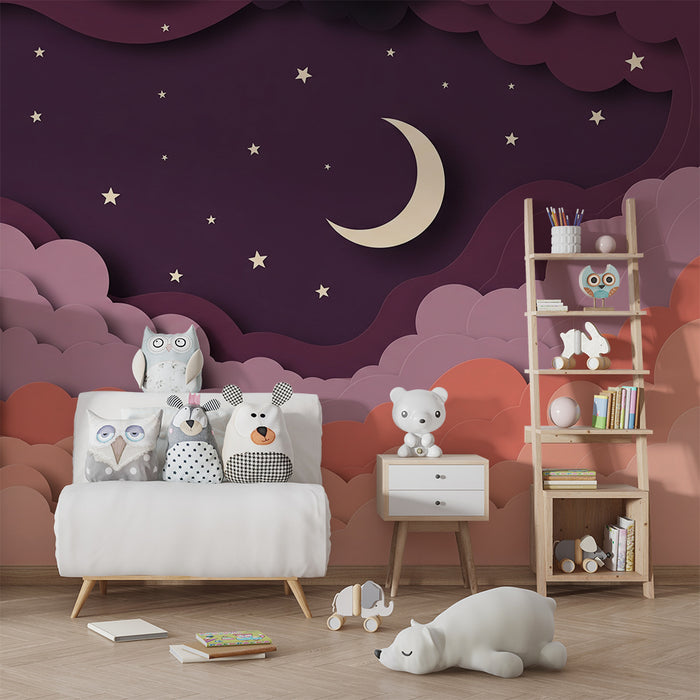 Papier peint chambre bébé | Ciel étoilé et nuages doux dans des teintes pastel