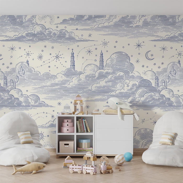 Papel de parede para quarto de bebé | Céu estrelado e nuvens suaves em azul