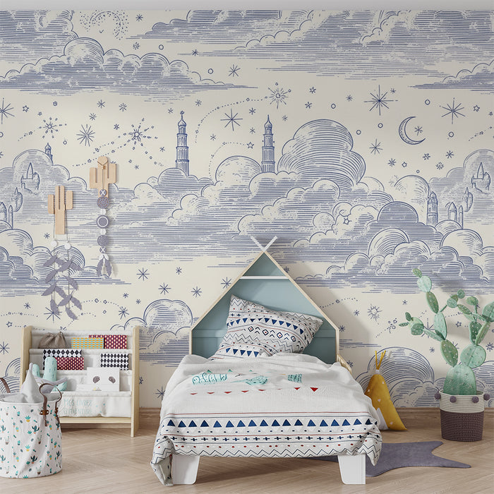 Papel de parede para quarto de bebé | Céu estrelado e nuvens suaves em azul